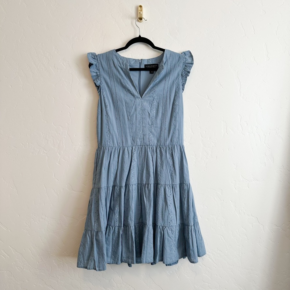 Laundry by Shelli Segal | Ruffle Cotton Tiered Eyelet Mini Dress in Blue Size 8